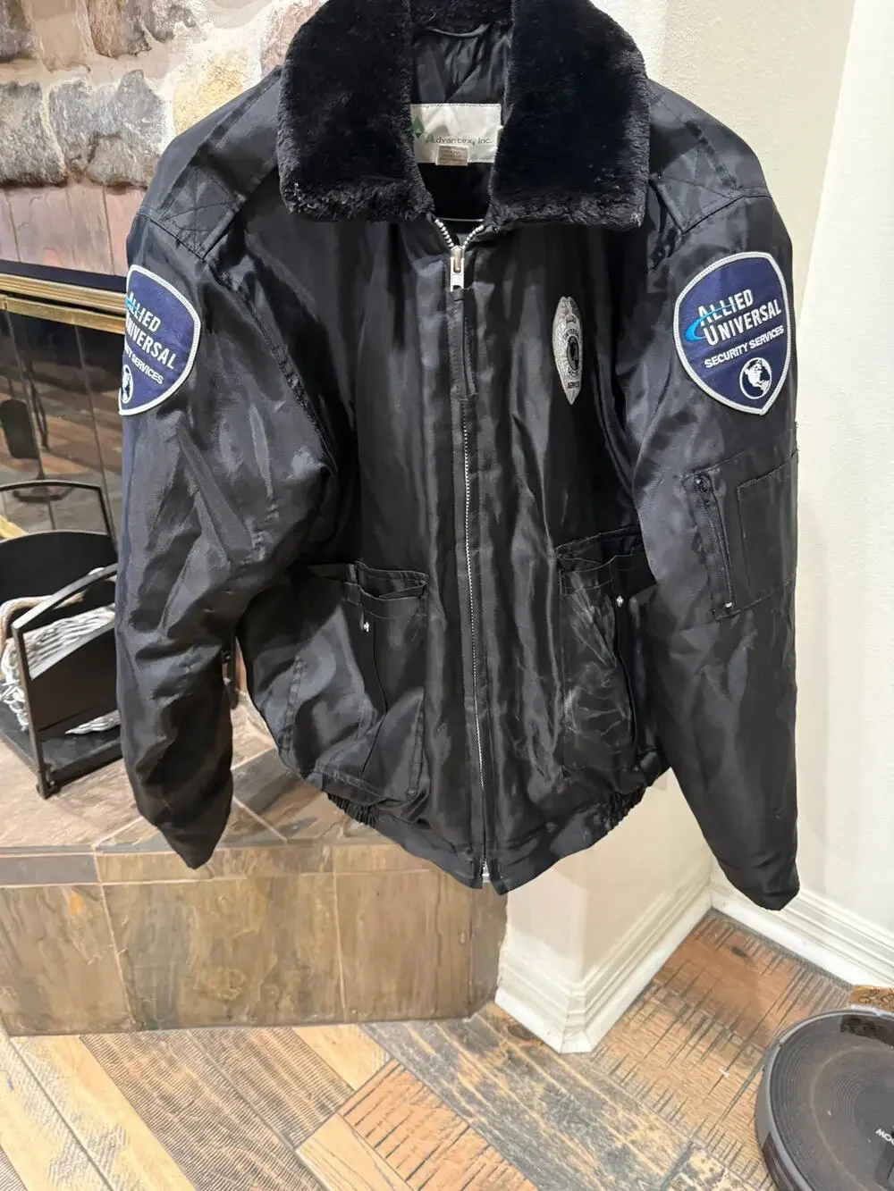 Advantex Allied Universal Security Bomber Jacket Faux Fur Collar Black Mens L